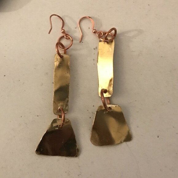 Tribal Brass Copper Earrings Drop Dangle Handmade Primitive Festival Bohemian - Picture 4 of 7